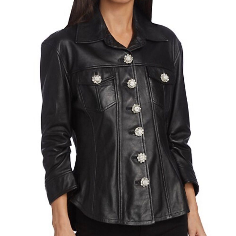 Cinq à Sept Jeweled Scrunched Canyon Leather Jacket size 0